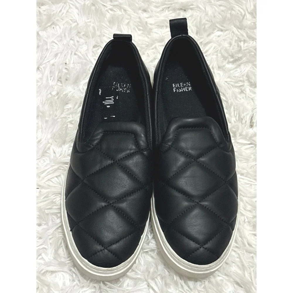 Eileen Fisher Black Poem Nappa Leather Quilted Platform Sneakers Size 10